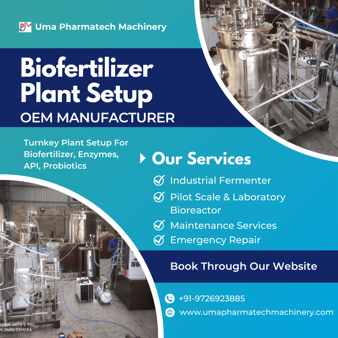 Probiotics and enzymes production plant setup with stainless steel fermenters and bioreactors.