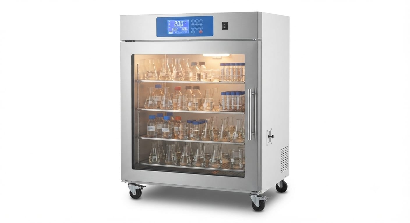 Digital BOD incubator with internal glass door and precise temperature control for biochemical oxygen demand testing.