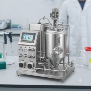 Laboratory stainless steel fermenter vessel with sanitary ports and top-mounted drive motor.
