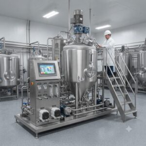 Modular skid mounted fermenter bioreactor system with integrated piping and control panels.